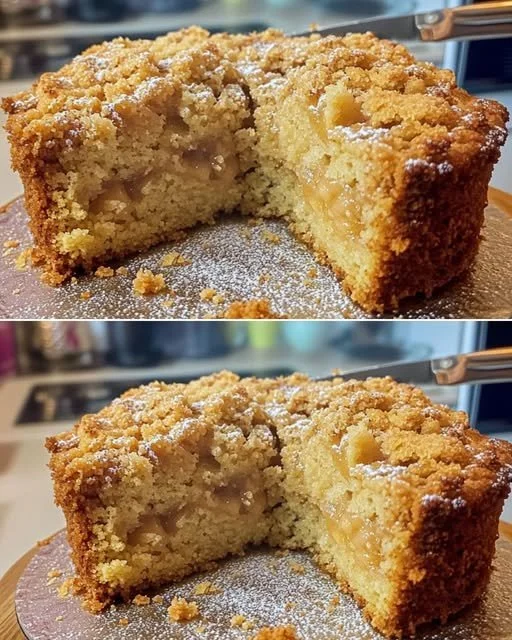 Slice of apple crumble cake topped with brown sugar cream