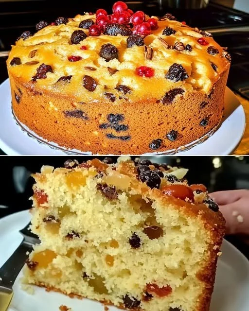 Delicious Candied Fruit Christmas Cake adorned with colorful dried fruits and festive decorations.