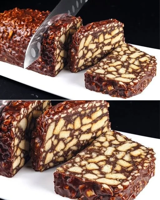 Delicious homemade Chocolate Salami served on a wooden board
