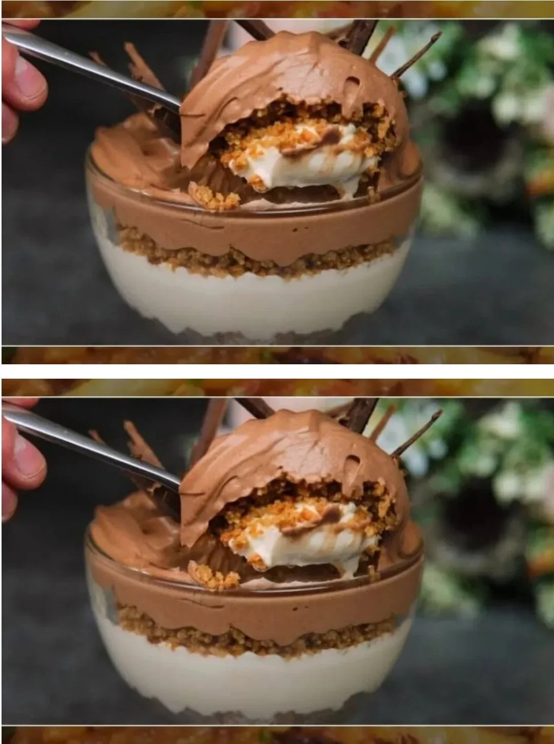 Delicious cocoa mousse dessert topped with chocolate shavings in a glass dish