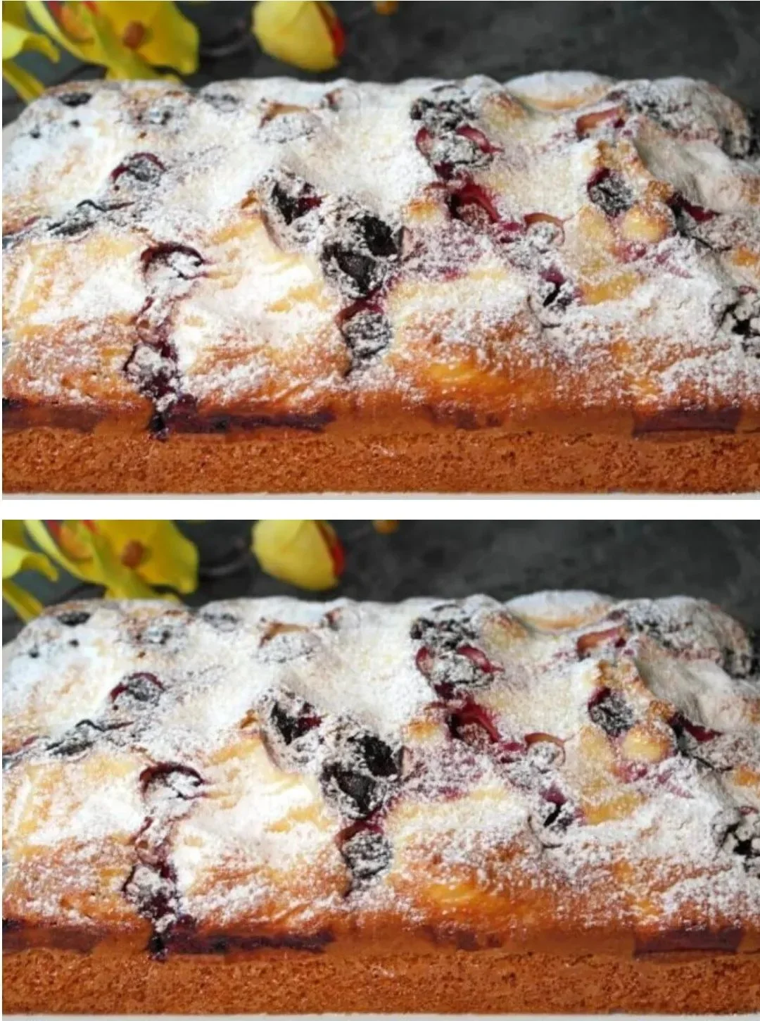 Delicious 10 minute cake on a white plate garnished with fresh fruit
