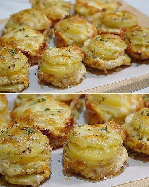 Mini Gratin Potato Towers served on a plate, showcasing layers of crispy potatoes.