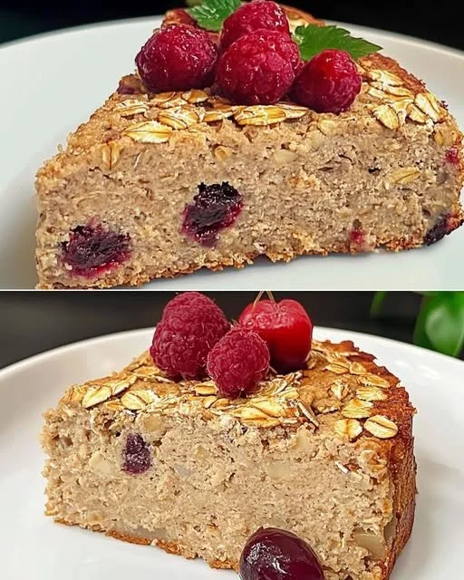 Delicious oatmeal cake topped with fresh fruit for a delightful dessert.