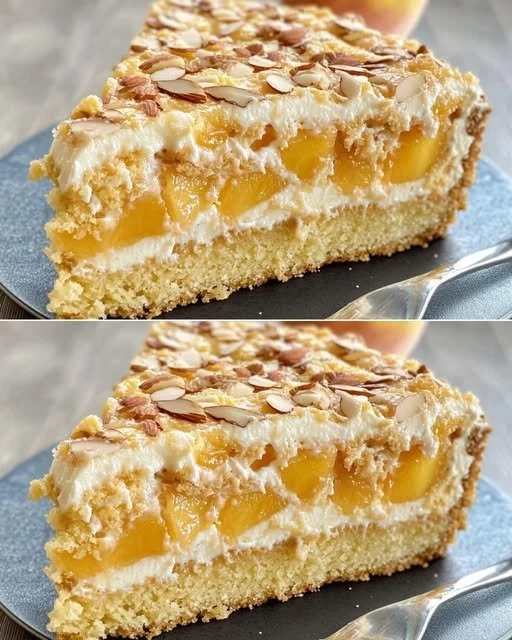 Delicious Peach Cream Cake with fresh peaches and creamy frosting