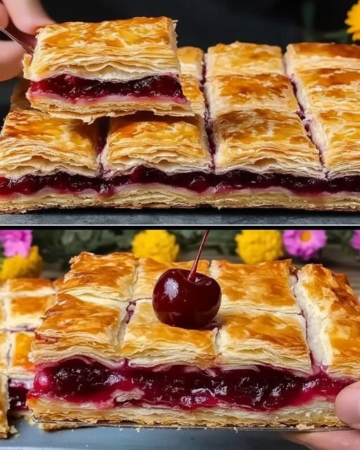 Delicious puff pastry filled with cherries and almonds on a plate.