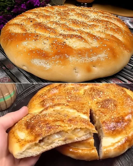 Deliciously baked Stuffed Onion Cheese Bread with melted cheese and onions.