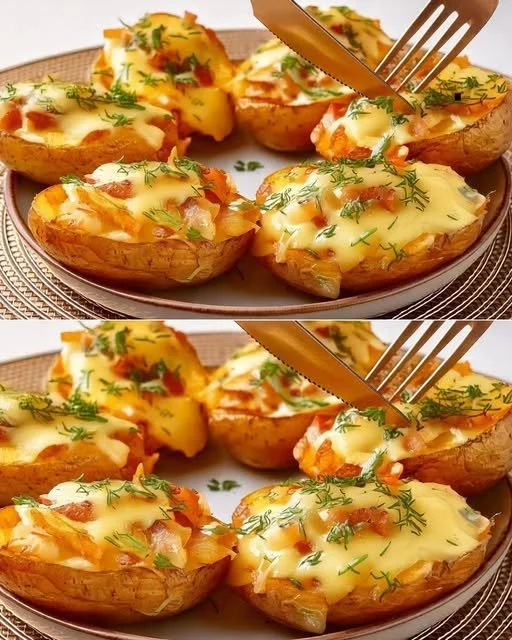 Stuffed potatoes with chicken and vegetables ready to serve.