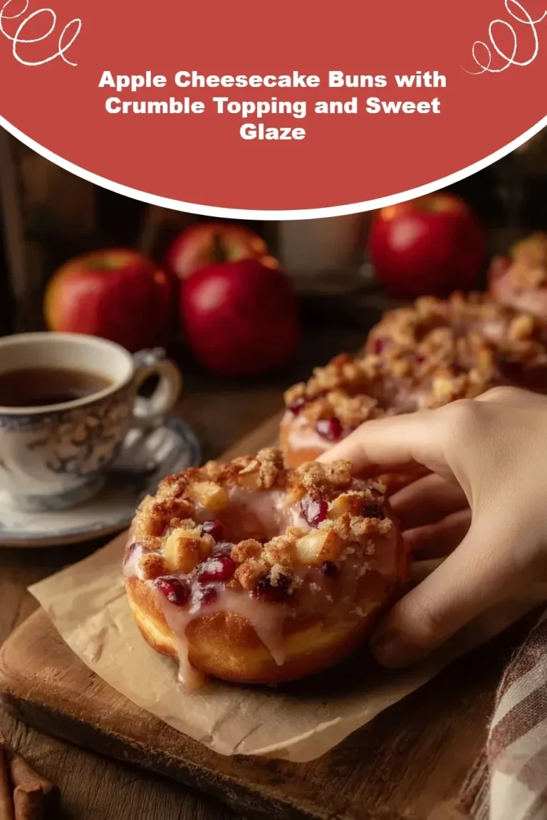 Freshly baked apple cheesecake buns with crumble topping and sweet glaze