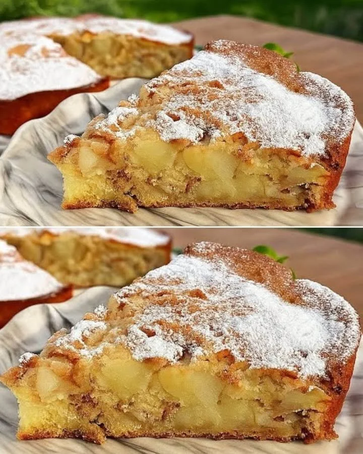 Sliced Apple Walnut Cake with apples and walnuts on a wooden serving board.