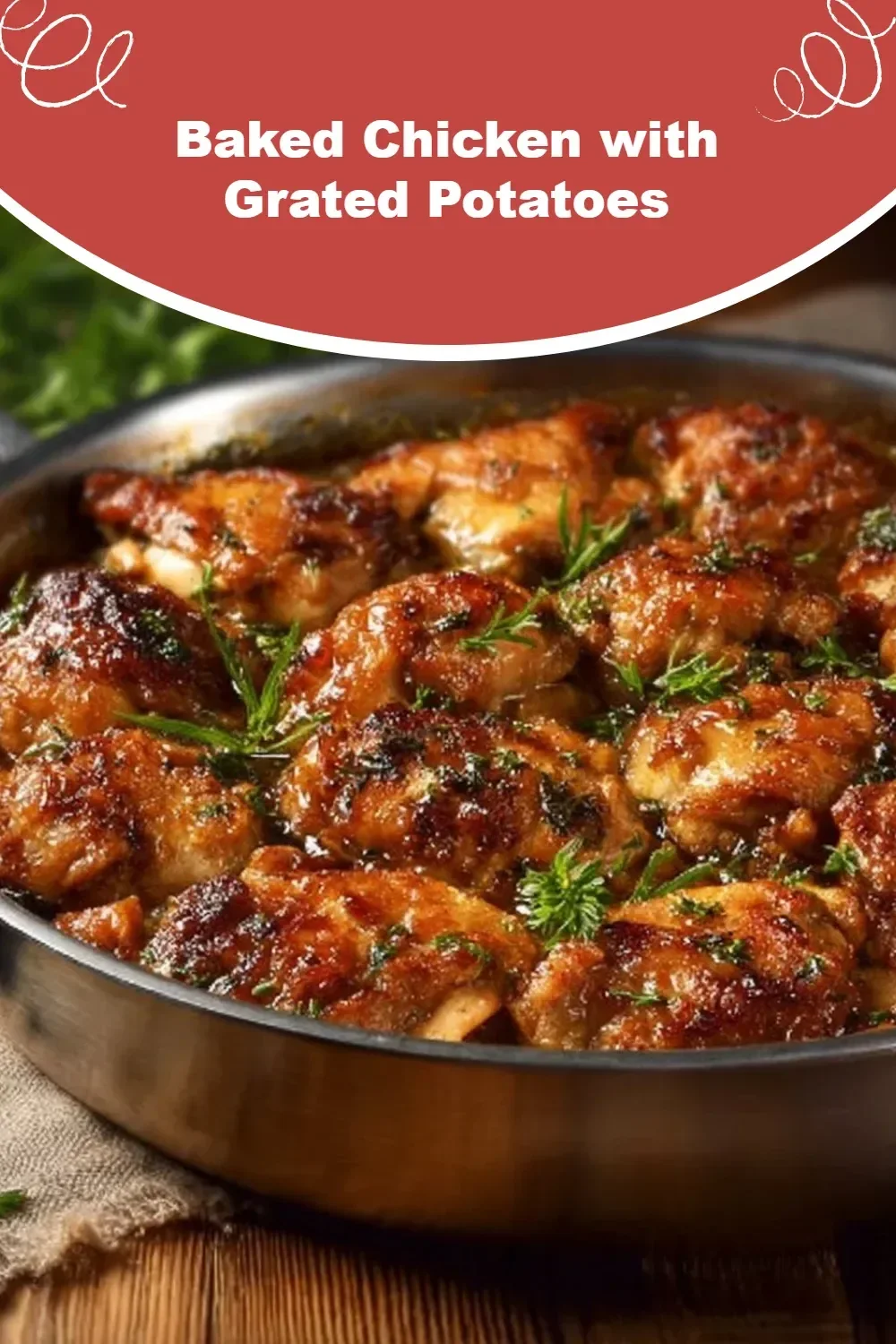 Baked chicken served with grated potatoes for a delicious meal