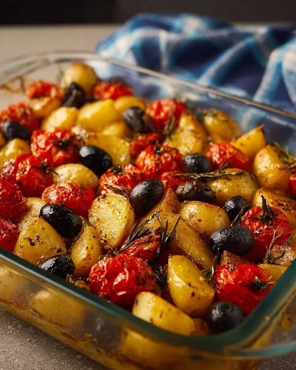 Baked eggplant with feta, olives, and cherry tomatoes in a Greek style dish
