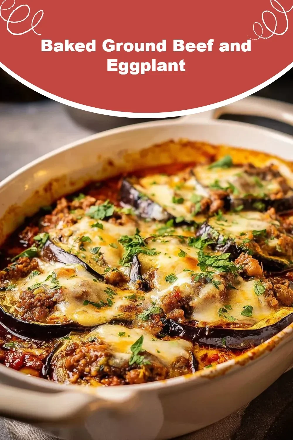 Baked ground beef and eggplant dish ready to serve