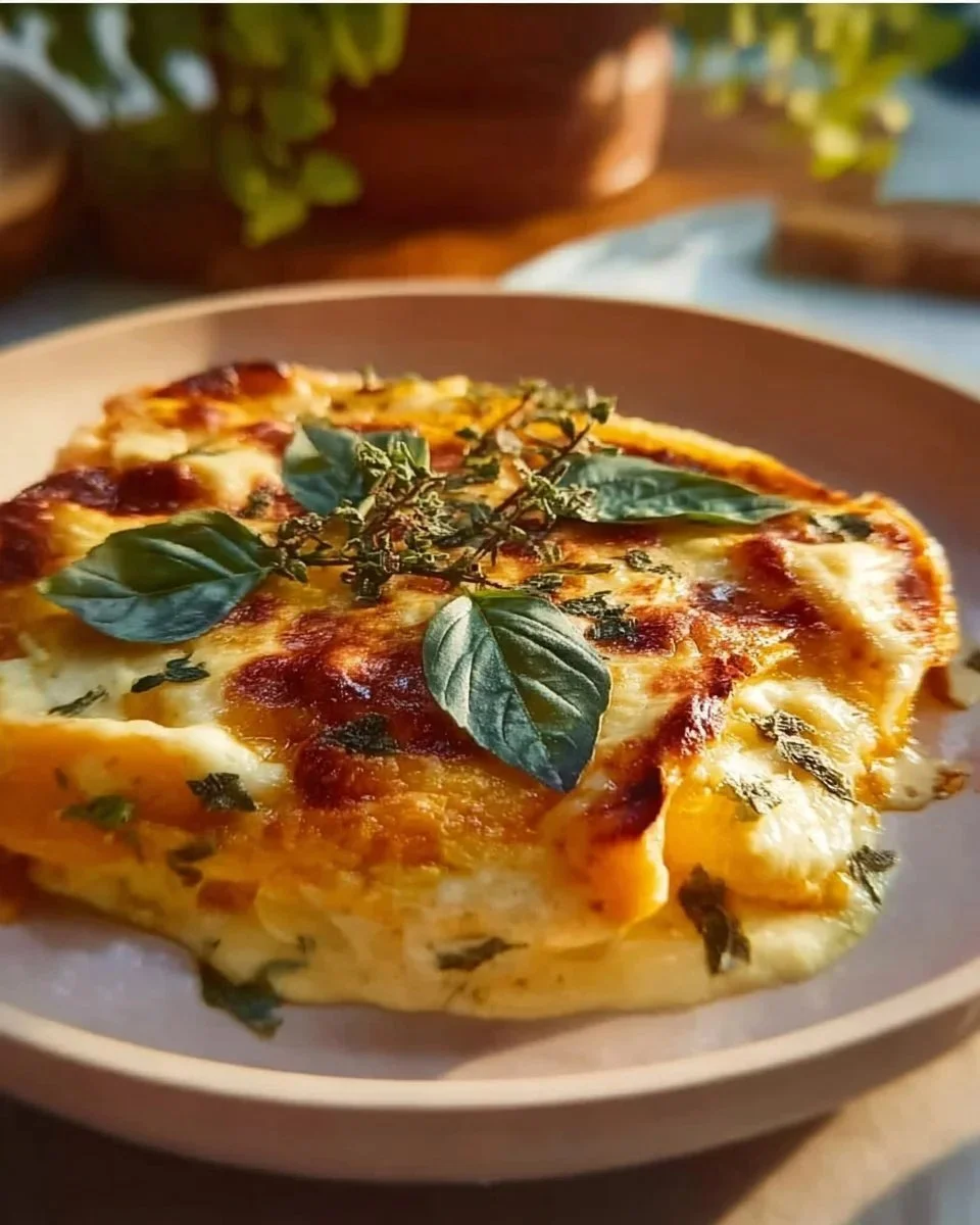 Baked pumpkin gratin topped with cheese and herbs in a rustic dish