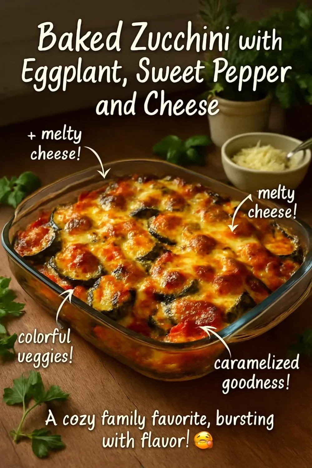 Delicious baked zucchini with eggplant, sweet pepper, and cheese dish