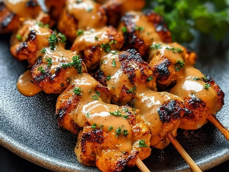 Plate of flavorful Bang Bang Chicken Skewers served with dipping sauce