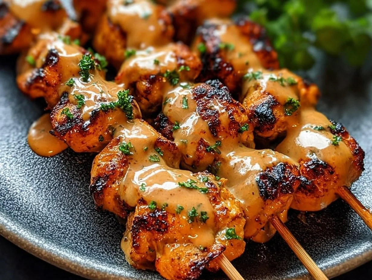 Plate of flavorful Bang Bang Chicken Skewers served with dipping sauce