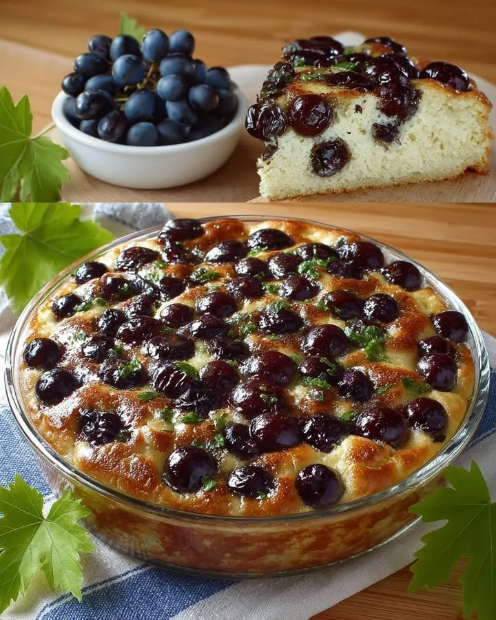 Delicious Bertolina Cake topped with fresh strawberry grapes.