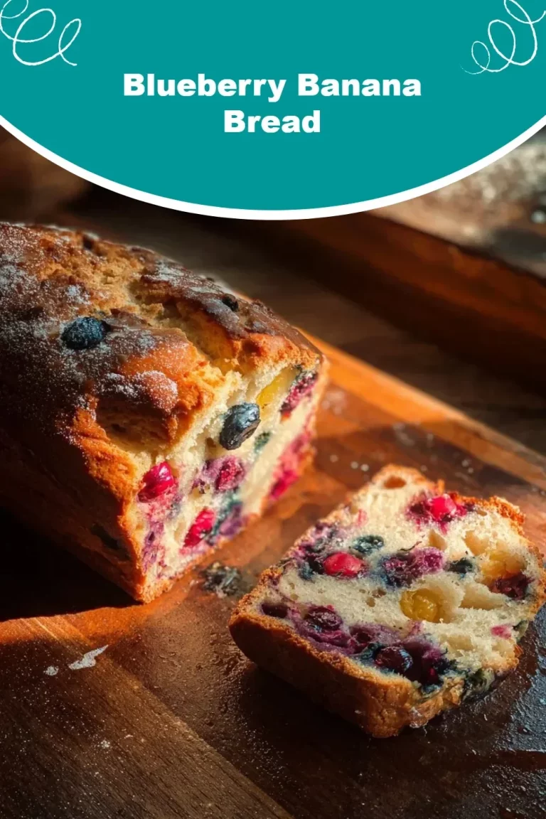 Loaf of freshly baked Blueberry Banana Bread with blueberries on a wooden table
