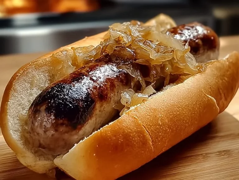 Grilled bratwurst served with sauerkraut on a wooden platter