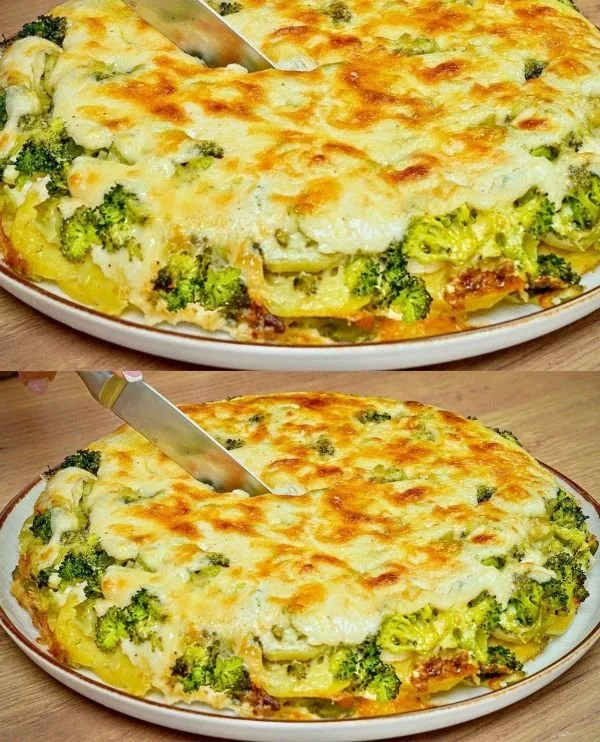 Broccoli potato bake with cheese and herbs in a baking dish