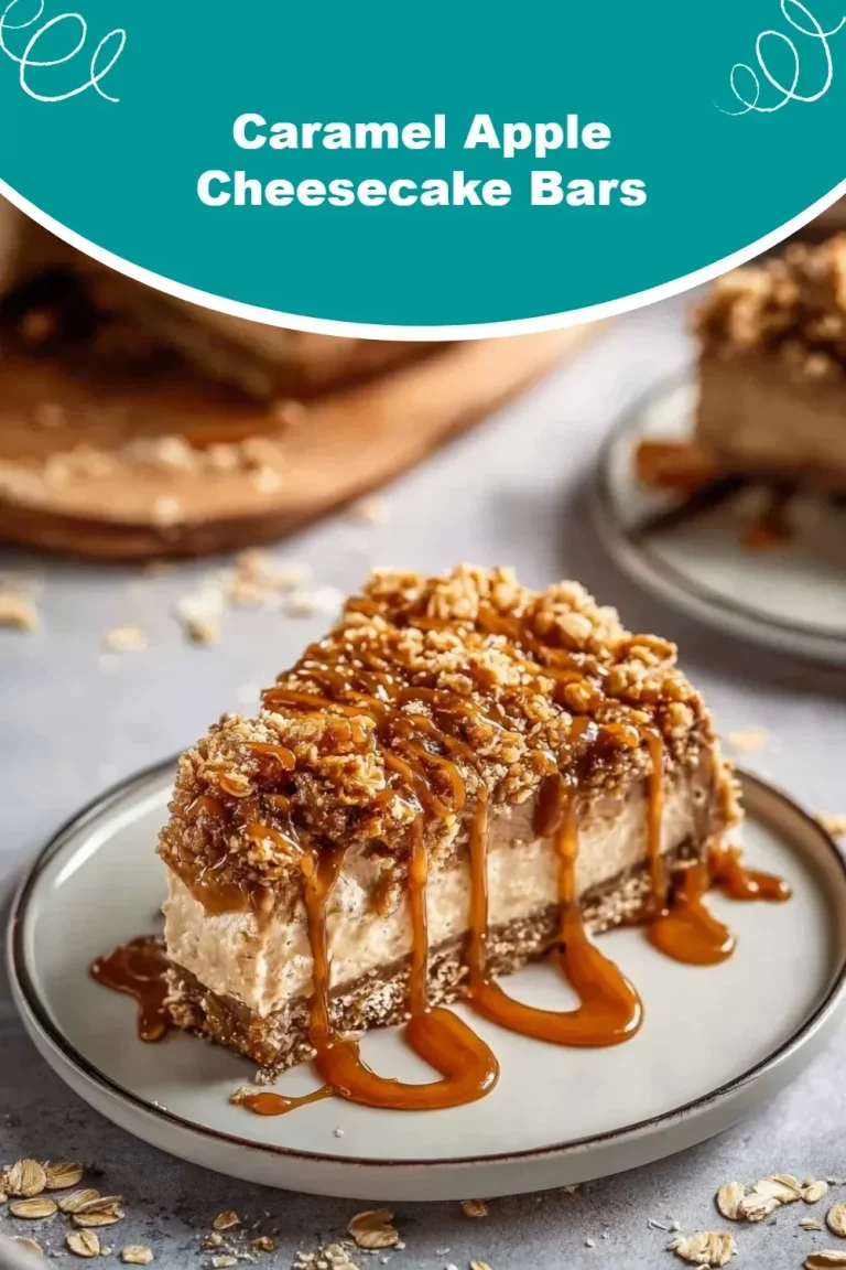 Delicious Caramel Apple Cheesecake Bars topped with caramel drizzle
