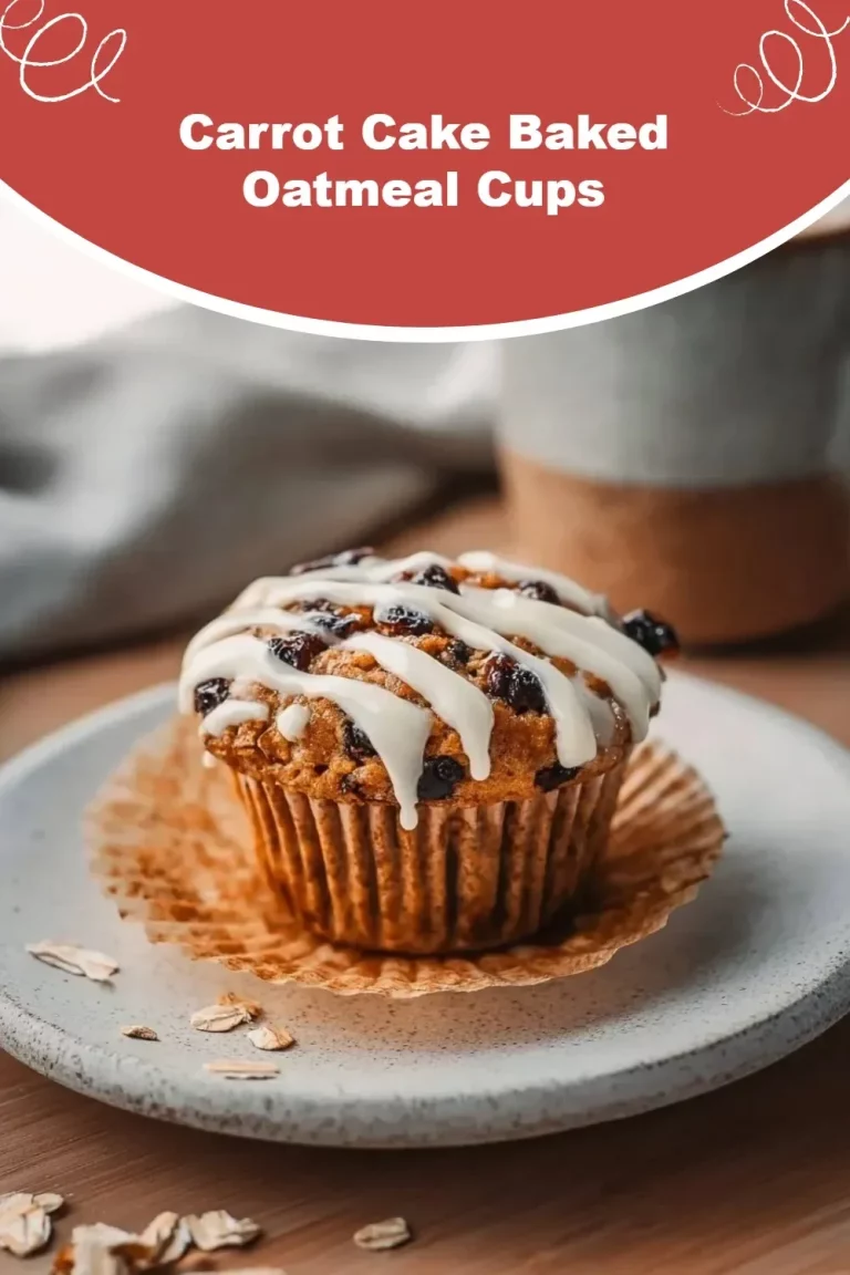 Carrot cake baked oatmeal cups topped with frosting and walnuts.