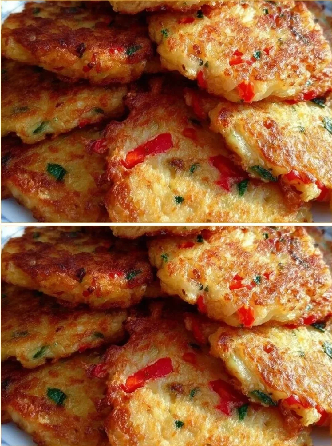 Golden-brown cauliflower pancakes served on a plate with toppings.