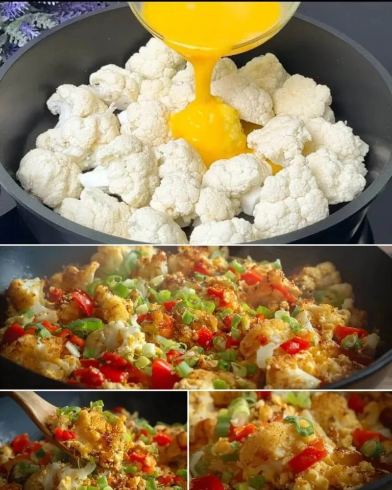 Cauliflower scrambled eggs topped with mustard sauce in a bowl