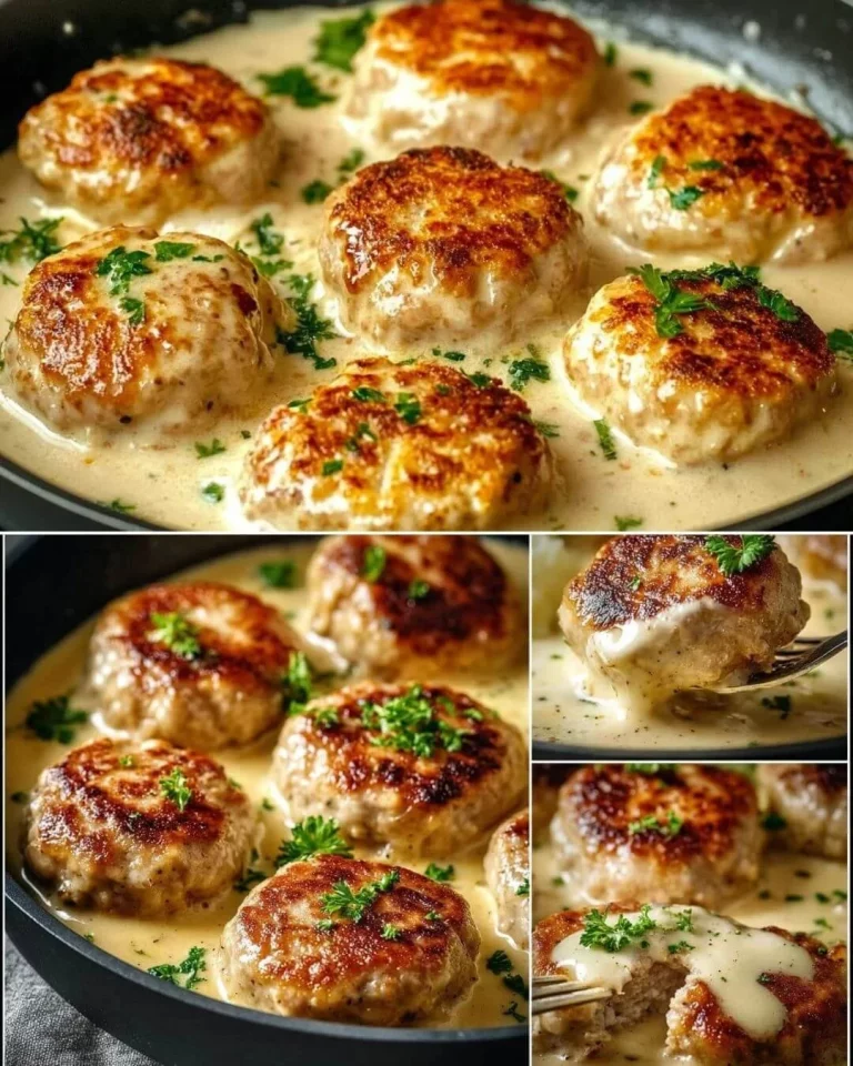 Delicious cheese-filled meat patties served with creamy sauce and mashed potatoes.