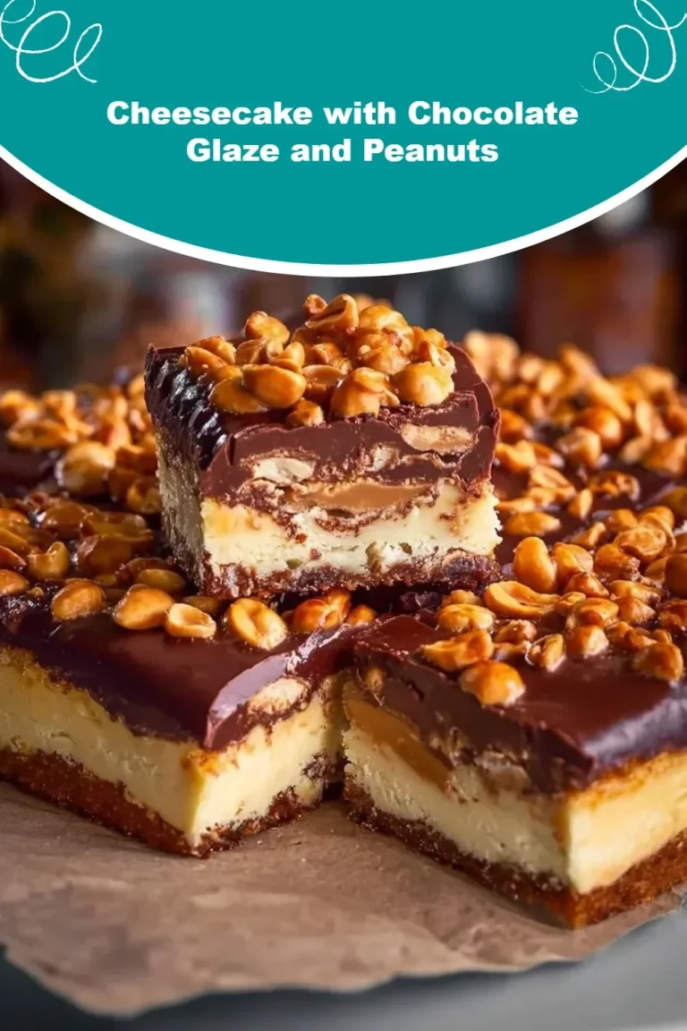 Decadent cheesecake with chocolate glaze and peanuts topping on a white plate