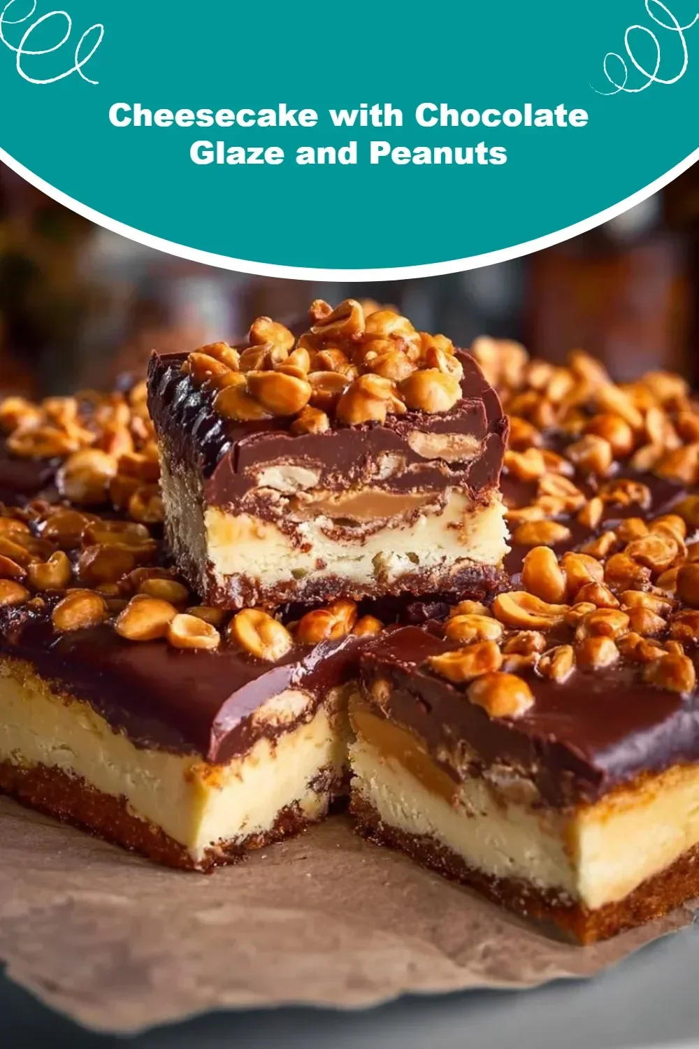 Decadent cheesecake with chocolate glaze and peanuts topping on a white plate