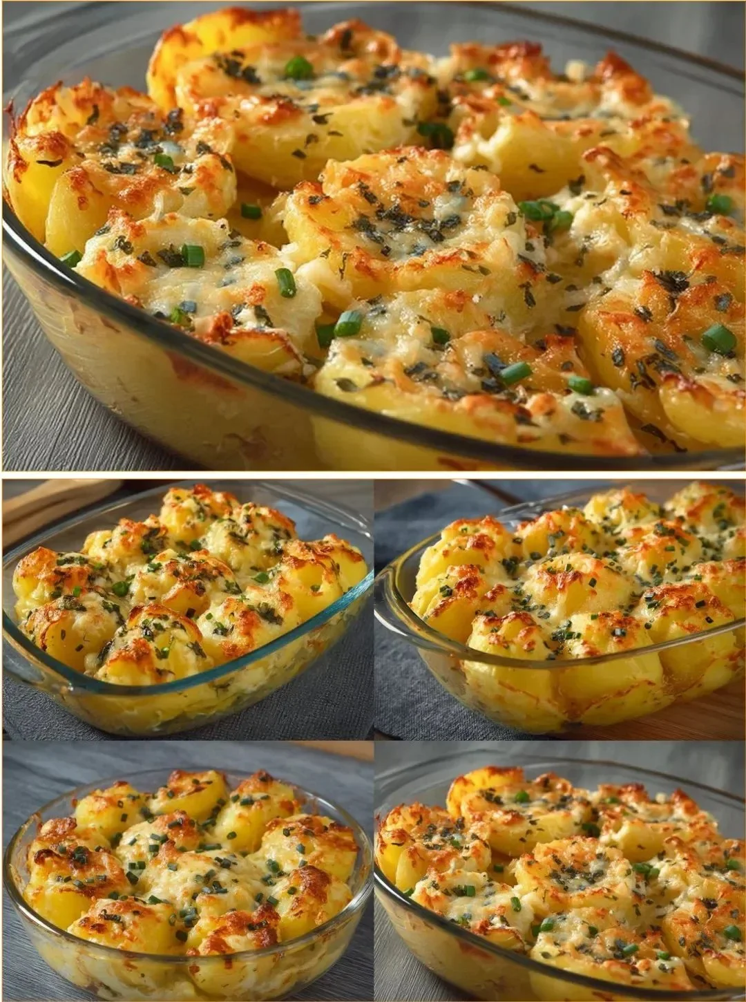 Plate of cheesy baked potatoes topped with melted cheese and herbs.