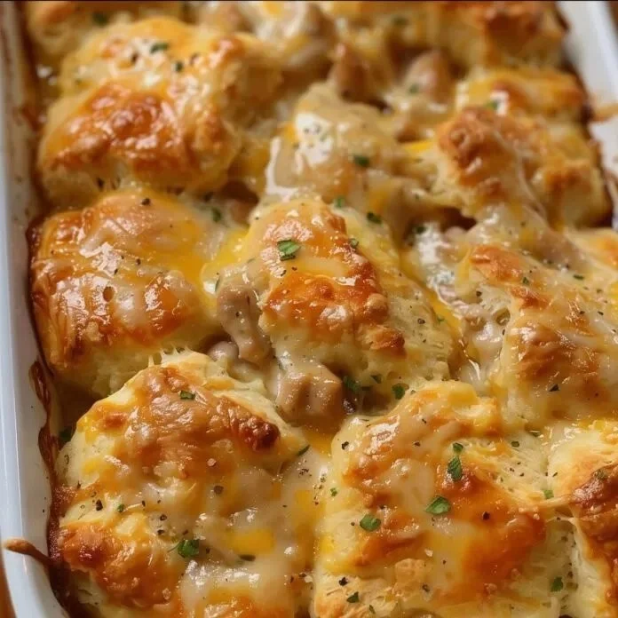 Delicious Chicken Biscuit Bake with fluffy biscuits and savory chicken casserole