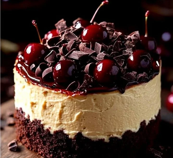 Decadent Chocolate Cherry Cheesecake topped with cherries and chocolate drizzle