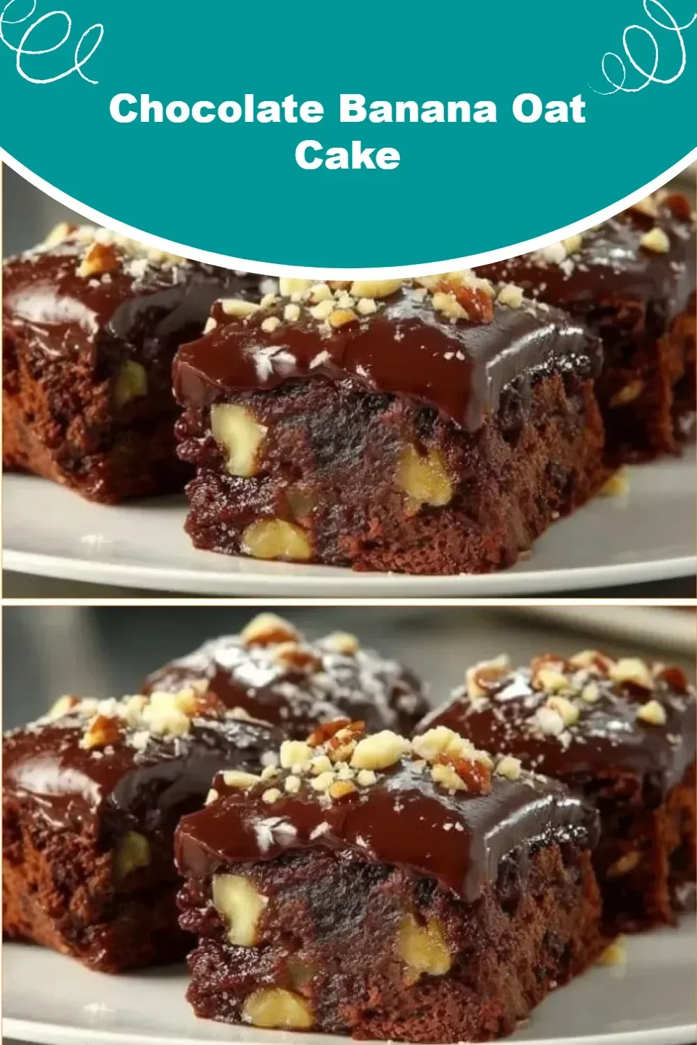 Slice of moist Chocolate Banana Oat Cake topped with chocolate chips and bananas.