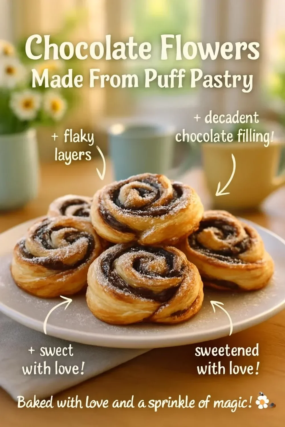 Chocolate flowers made from delicious puff pastry, artistically arranged.