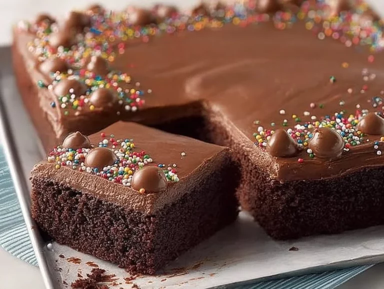 Delicious Chocolate Sheet Cake with Milk Chocolate Frosting on a table