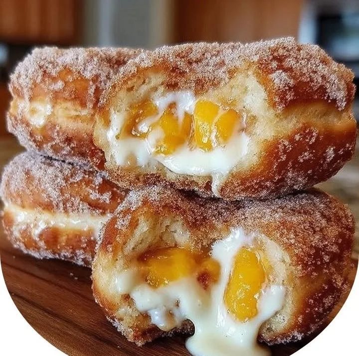 Delicious classic peach cobbler cheesecake donuts freshly baked and ready to enjoy.
