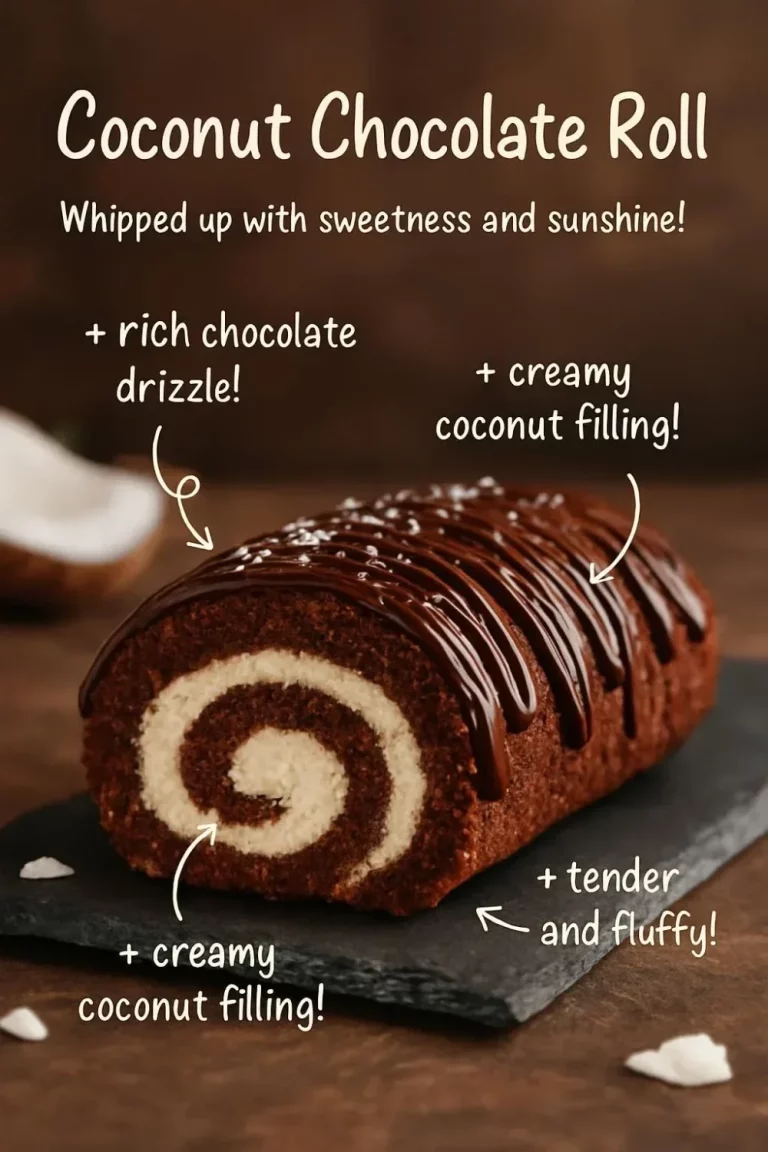 Delicious Coconut Chocolate Roll dessert with coconut and chocolate layers