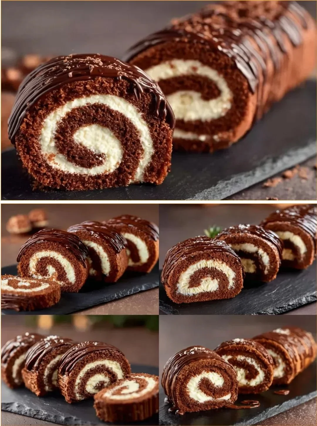 Coconut Chocolate Roll showcasing layers of chocolate and coconut.