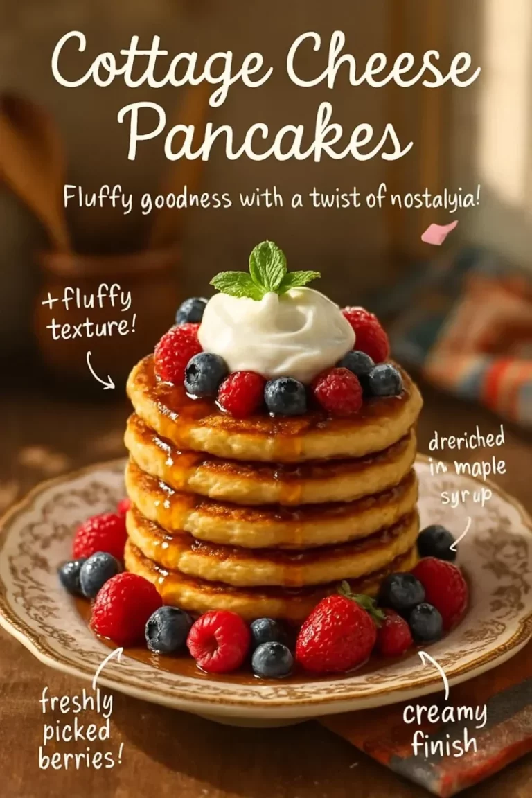 Delicious cottage cheese pancakes stacked on a plate with syrup and berries