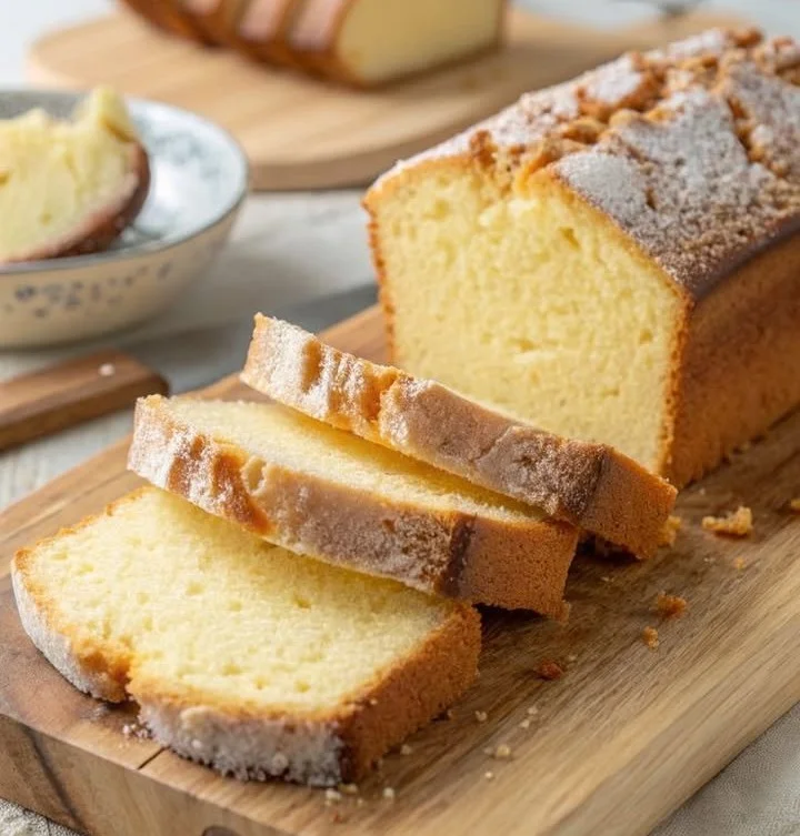Slices of creamy cheese vanilla pound cake served on a plate