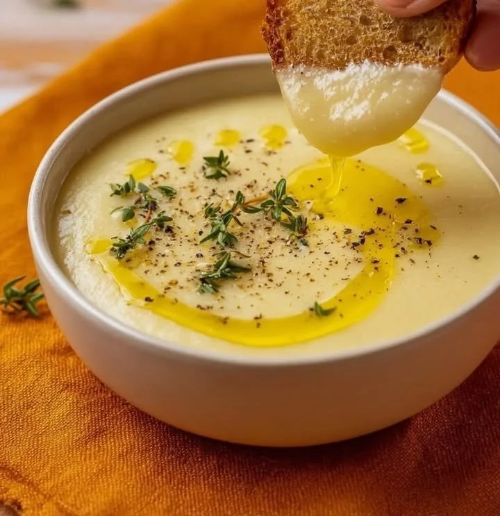 Cream of Leeks and Cannellini Beans served in a bowl, garnished with herbs.