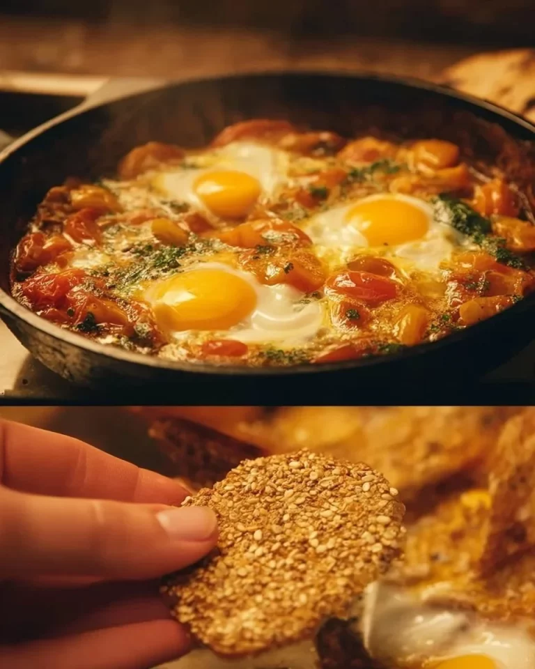 Creamy eggs served with tomato and oat focaccia on a plate.