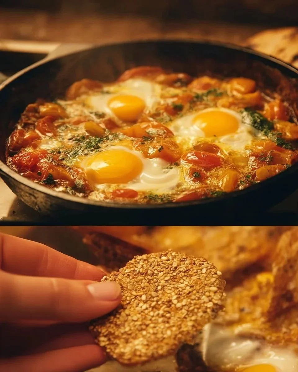 Creamy eggs served with tomato and oat focaccia on a plate.