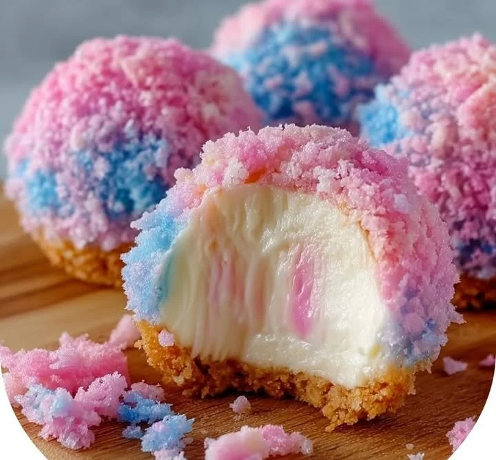 Crispy Cotton Candy Cheesecake Bombs dessert with a crunchy exterior and creamy interior