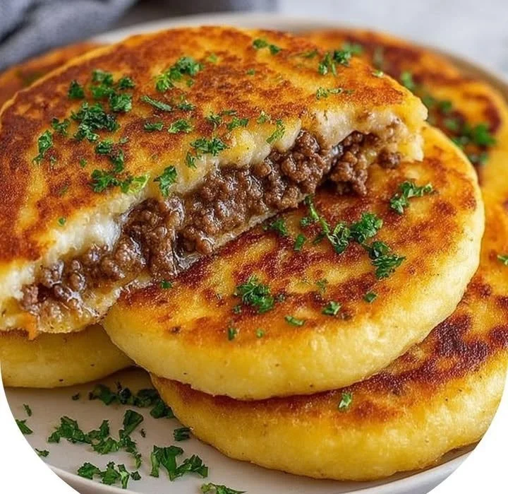 Crispy mashed potato pancakes with a savory meat filling served on a plate