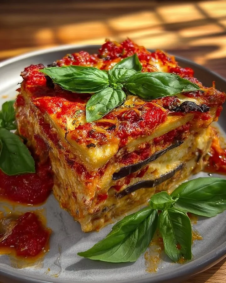 Eggplant lasagna layers without béchamel, a healthy Italian recipe.