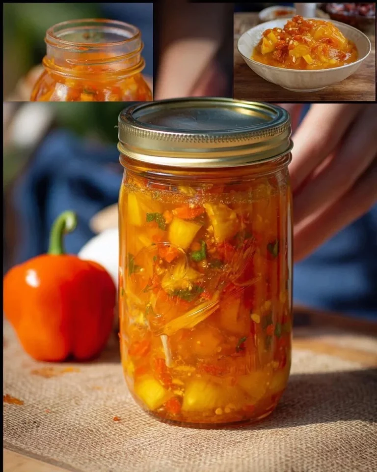Bottle of fermented pineapple habanero hot sauce with vibrant peppers and pineapples