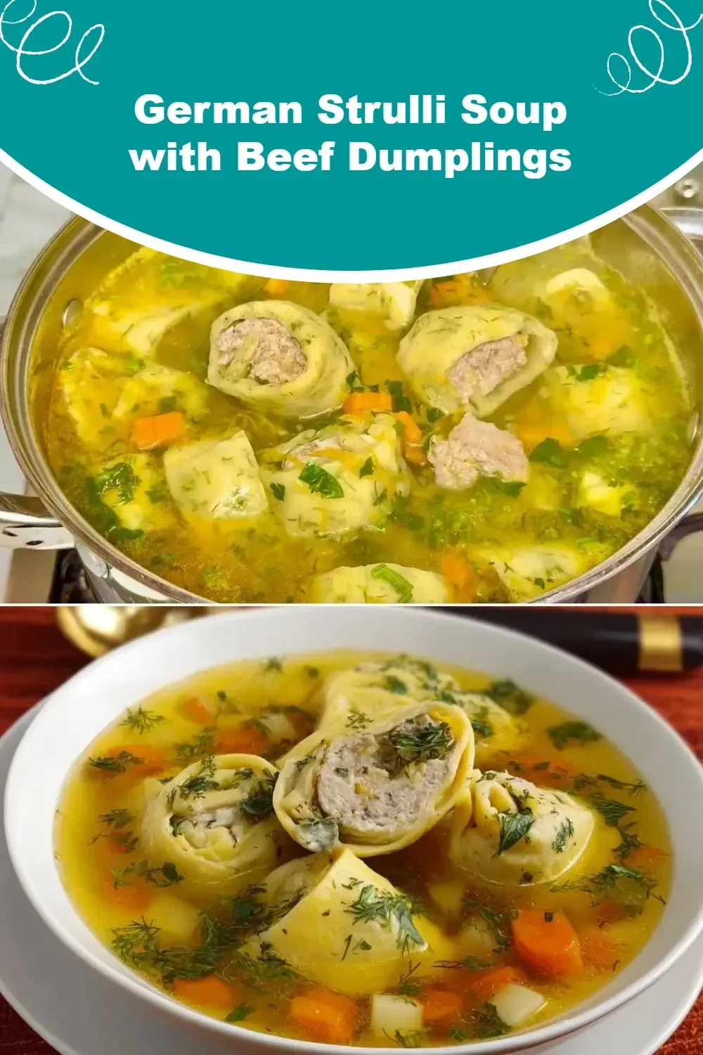 Bowl of German Strulli Soup with beef dumplings, garnished with herbs